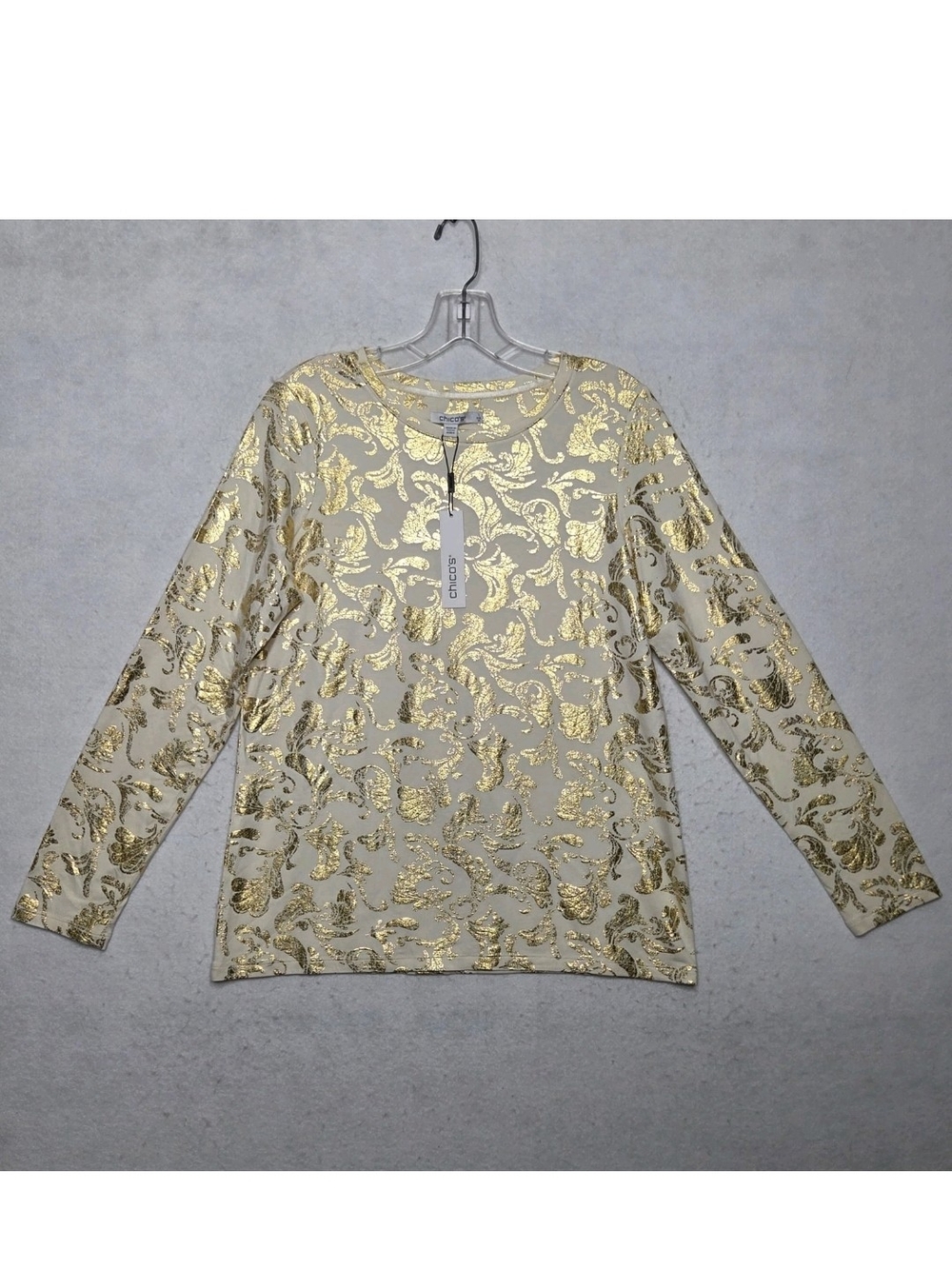 Chico's 1 NWT Touch Of Cool Gold Foil Layering Long Sleeve Tee Medium Glam Chic